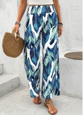 Leaf Print Peacock Blue Wide Leg Elastic Waist Pants