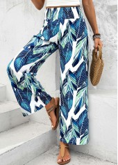 Leaf Print Peacock Blue Wide Leg Elastic Waist Pants