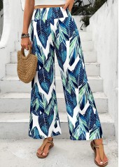 Leaf Print Peacock Blue Wide Leg Elastic Waist Pants