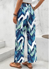 Leaf Print Peacock Blue Wide Leg Elastic Waist Pants
