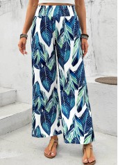 Leaf Print Peacock Blue Wide Leg Elastic Waist Pants