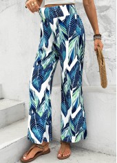 Leaf Print Peacock Blue Wide Leg Elastic Waist Pants