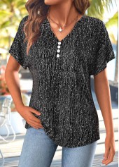 Button Black Short Sleeve Split Neck T Shirt