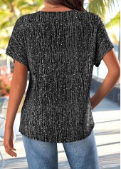Button Black Short Sleeve Split Neck T Shirt