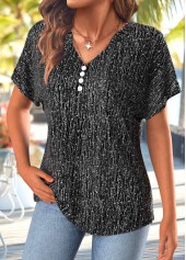 Button Black Short Sleeve Split Neck T Shirt