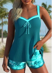 Mid Waisted Tropical Plants Print Tie Turquoise Tankini Set