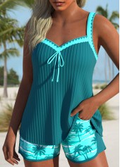 Mid Waisted Tropical Plants Print Tie Turquoise Tankini Set