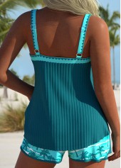 Mid Waisted Tropical Plants Print Tie Turquoise Tankini Set