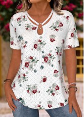 Floral Print White Short Sleeve V Neck T Shirt