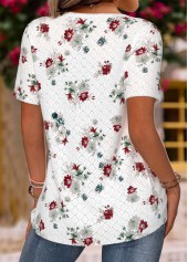 Floral Print White Short Sleeve V Neck T Shirt