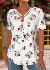 Floral Print White Short Sleeve V Neck T Shirt