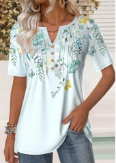 Floral Print Tuck Stitch Mint Green T Shirt