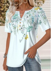 Floral Print Tuck Stitch Mint Green T Shirt