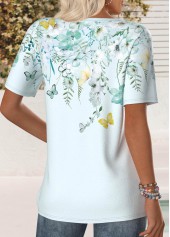 Floral Print Tuck Stitch Mint Green T Shirt