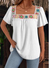 Patchwork Raw White Short Sleeve Square Neck T Shirt