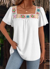 Patchwork Raw White Short Sleeve Square Neck T Shirt