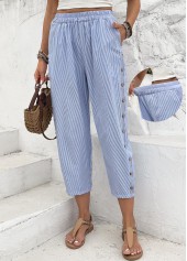 Striped Light Blue Straight Leg Elastic Waist Pants