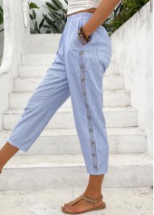Striped Light Blue Straight Leg Elastic Waist Pants