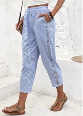 Striped Light Blue Straight Leg Elastic Waist Pants