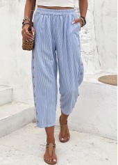 Striped Light Blue Straight Leg Elastic Waist Pants