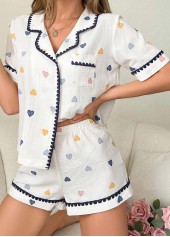 Heart Print Short Sleeve White Lounge Top and Shorts