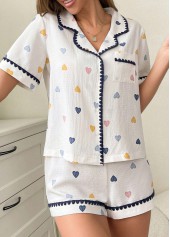 Heart Print Short Sleeve White Lounge Top and Shorts
