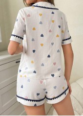 Heart Print Short Sleeve White Lounge Top and Shorts