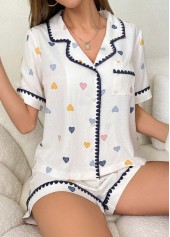 Heart Print Short Sleeve White Lounge Top and Shorts