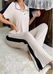 Turn Down Collar Beige Lounge Top and Pants