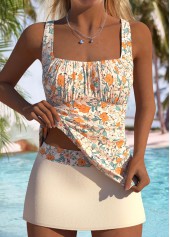 Mid Waisted Beige Floral Print Tankini Set