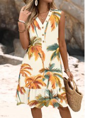Tropical Plants Print Beige A Line Sleeveless Button Dress