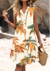 Tropical Plants Print Beige A Line Sleeveless Button Dress
