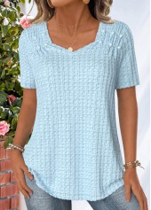 Jacquard Light Blue Short Sleeve Heart Collar T Shirt