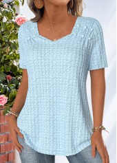 Jacquard Light Blue Short Sleeve Heart Collar T Shirt