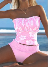 Mid Waisted Floral Print Smocked Light Pink Tankini Set