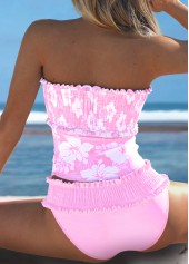 Mid Waisted Floral Print Smocked Light Pink Tankini Set