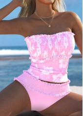 Mid Waisted Floral Print Smocked Light Pink Tankini Set