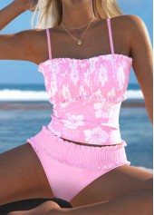 Mid Waisted Floral Print Smocked Light Pink Tankini Set