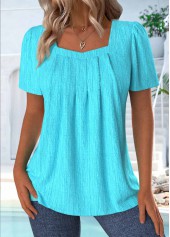 Short Sleeve Square Neck Cyan T Shirt