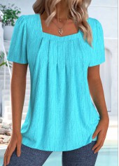 Short Sleeve Square Neck Cyan T Shirt