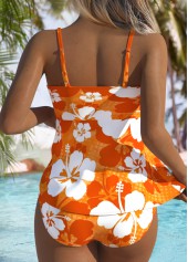 Mid Waisted Floral Print Two Piece Orange Tankini Set