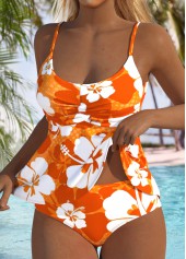 Mid Waisted Floral Print Two Piece Orange Tankini Set
