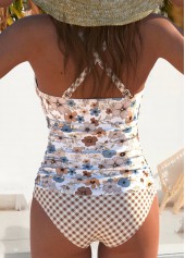 Mid Waisted Floral Print Ruched Light Coffee Tankini Set