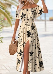 Floral Print Beige Maxi Sleeveless Off Shoulder Dress