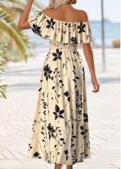 Floral Print Beige Maxi Sleeveless Off Shoulder Dress