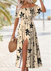 Floral Print Beige Maxi Sleeveless Off Shoulder Dress