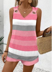 Striped Eyelet Pink Sleeveless V Neck Tank Top