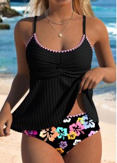 Mid Waisted Floral Print Contrast Binding Black Tankini Set