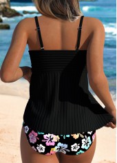 Mid Waisted Floral Print Contrast Binding Black Tankini Set