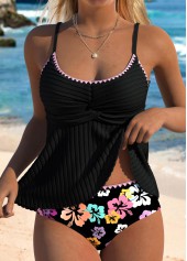 Mid Waisted Floral Print Contrast Binding Black Tankini Set